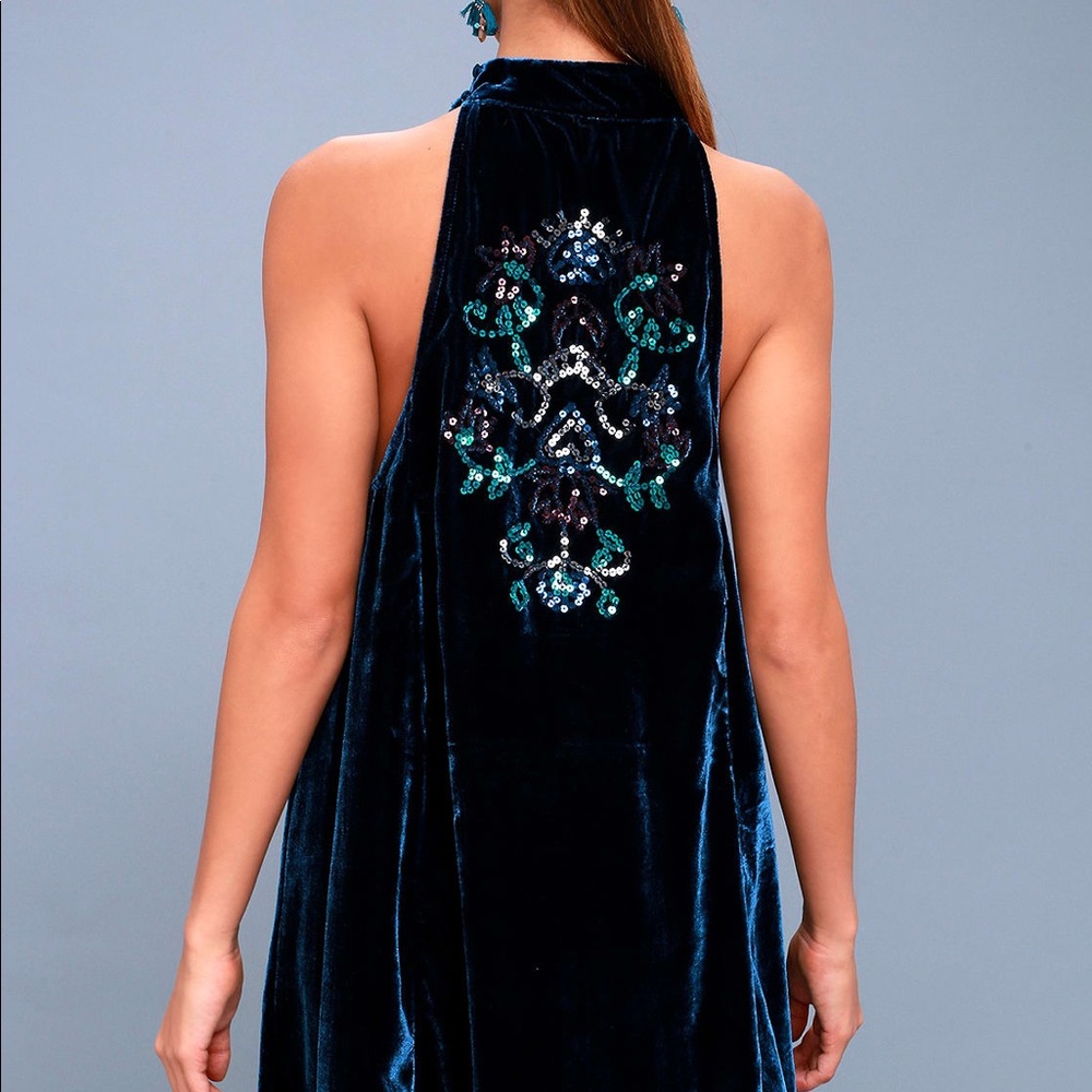 Free People Navy Blue Velvet Sequin Swing Dress